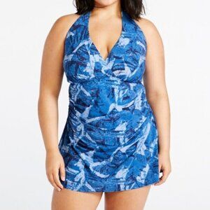 L.L. Bean Blue Halter Neck Shaping Clasp Closure One Piece Swimsuit w skirt 10R